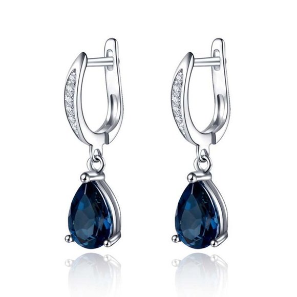 925 Silver Plated Blue Crystal Water Drop Shaped Earrings, FB16FA1159 - Picture 1 of 3